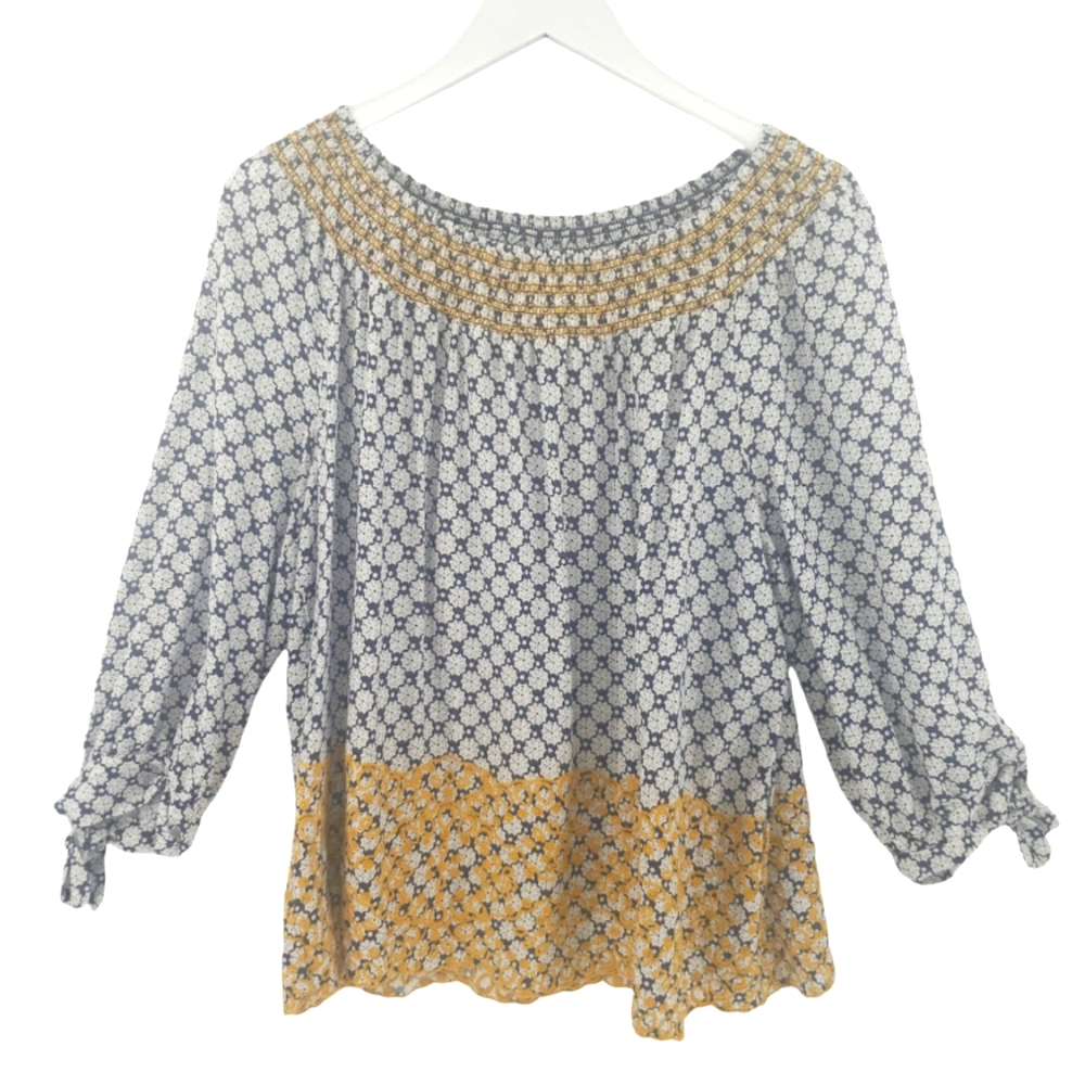 Fever Embroidered Blouse Medium Blue White with Yellow Embroidery 3/4 Sleeve